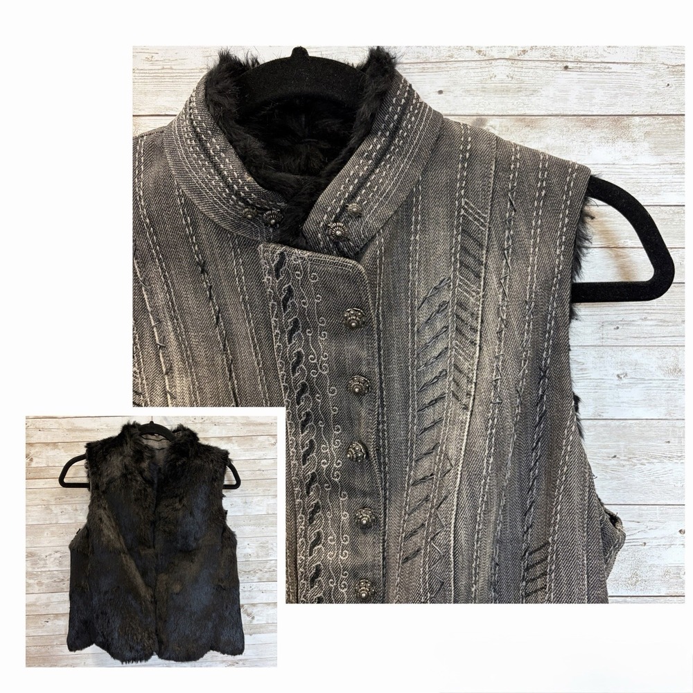 Elie Tahari Womens XS Reversible Vest Fur Denim Embroidered Mandarin Collar READ